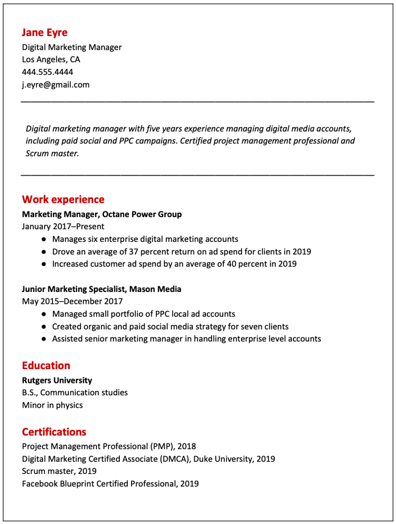 Complete resume format example