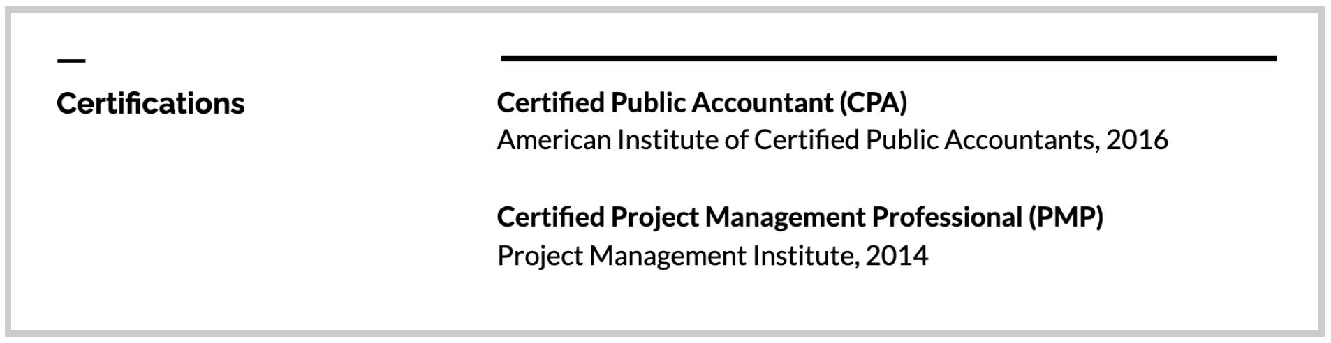 Certification listed in its own section example