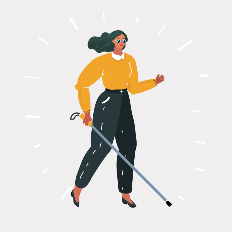 Blind woman standing with walking stick