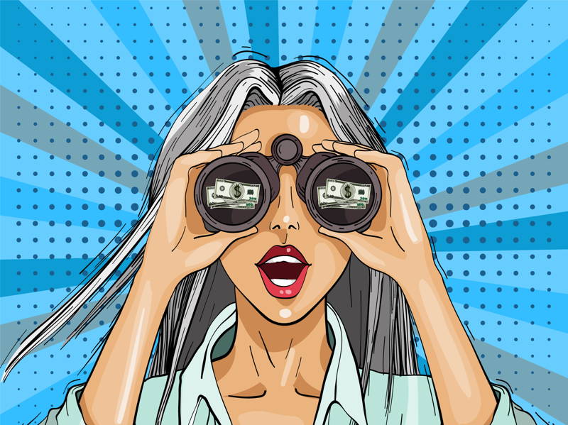 Cartoon woman with investing goggles